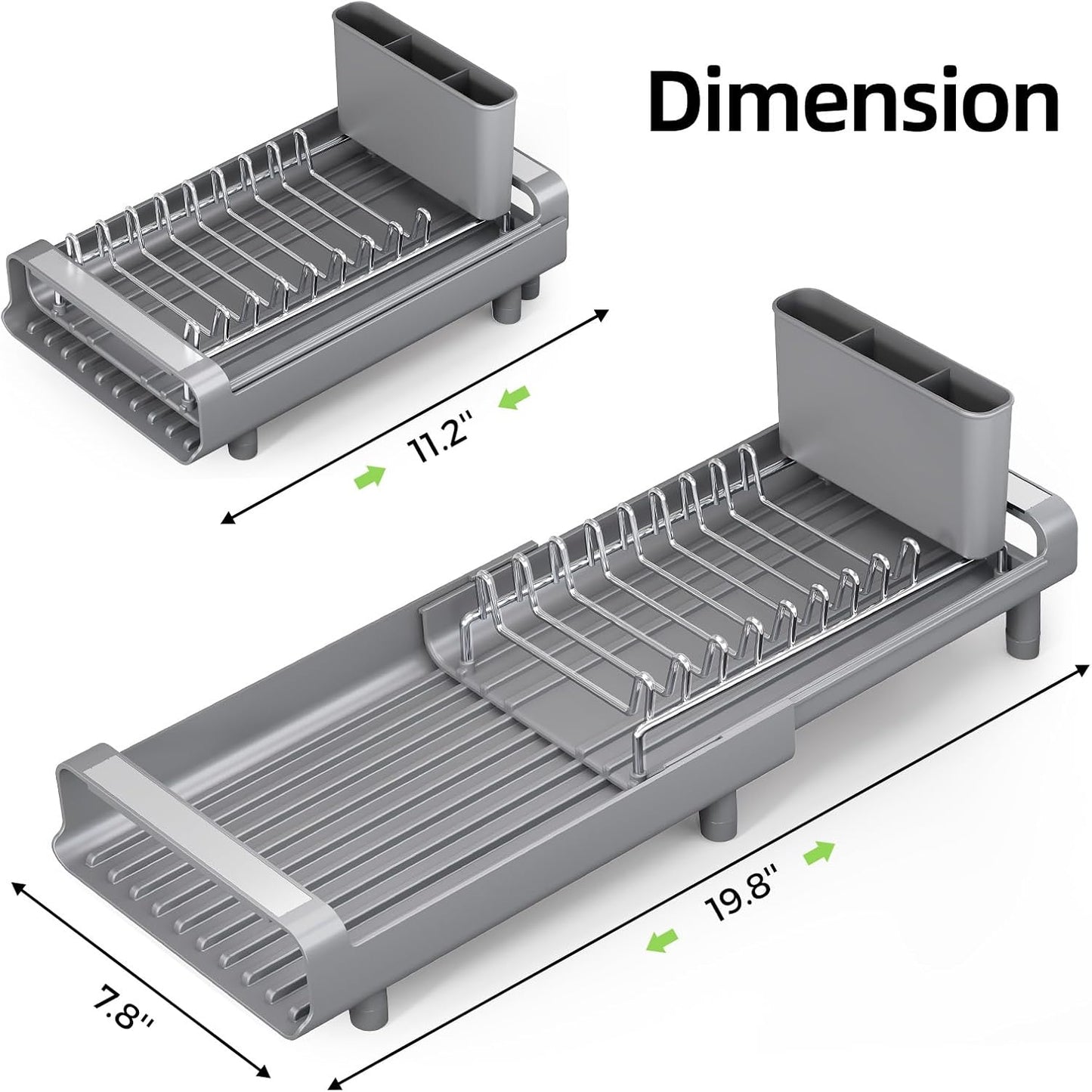 TOOLF Small Dish Drying Rack, Mini Expandable Compact Dish Rack, Slim Extendable Stainless Steel Dish Drainer for Kitchen Plate Storage, Space Saving Dish Strainer in Sink or on Home Countertop, Gray