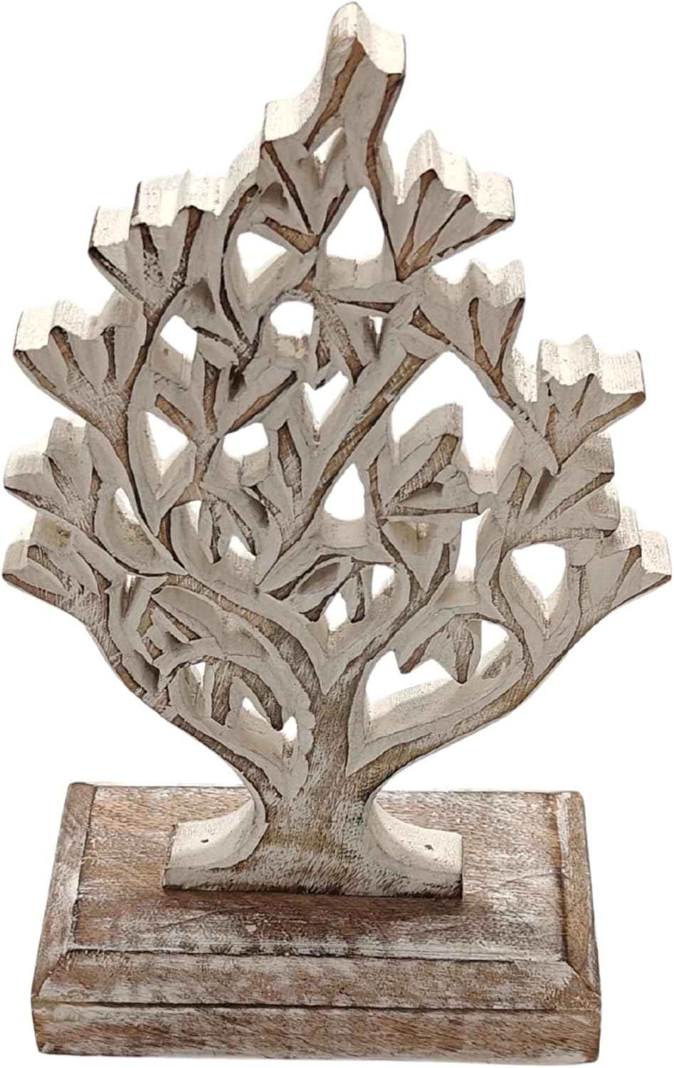 VANIYA CRAFTS® Rustic Wooden Tree Shape Table Sculpture – Handmade Carved Home Decor Accent for Living Room, Bedroom, Entryway, or Office (Antique White Finish)