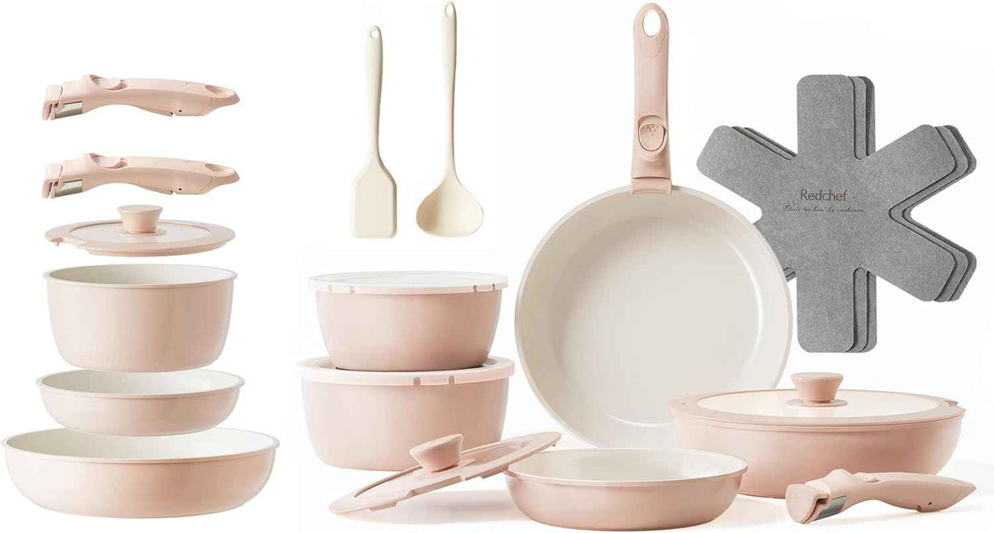 RedChef Ceramic Pots and Pans Set, Nonstick Kitchen Cookware with Detachable Handle, 22pcs, PFAS, PFOA & PTFE Free, RV Ceramic Cookware for Camping, Dishwasher & Oven Safe