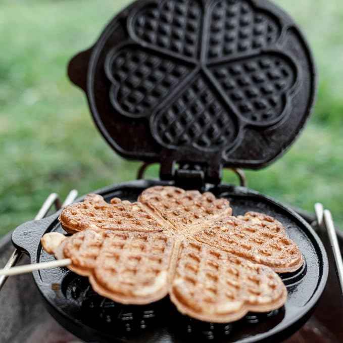 Petromax Rotating Waffle Iron with Turning Stop Frame, for Heart Shaped Waffles When Camping, Cast Iron with Wood Handles