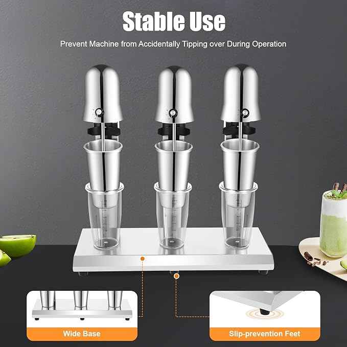 Electric Milkshake Maker, 3 Heads Commercial Milkshake Mixer with 8 Anti-Slip Feet & Powerful Motor Stainless Steel Milk Shake Machine for Beverage Store Cafe Ice Cream Parlor Teahouse Hotel Bar Etc