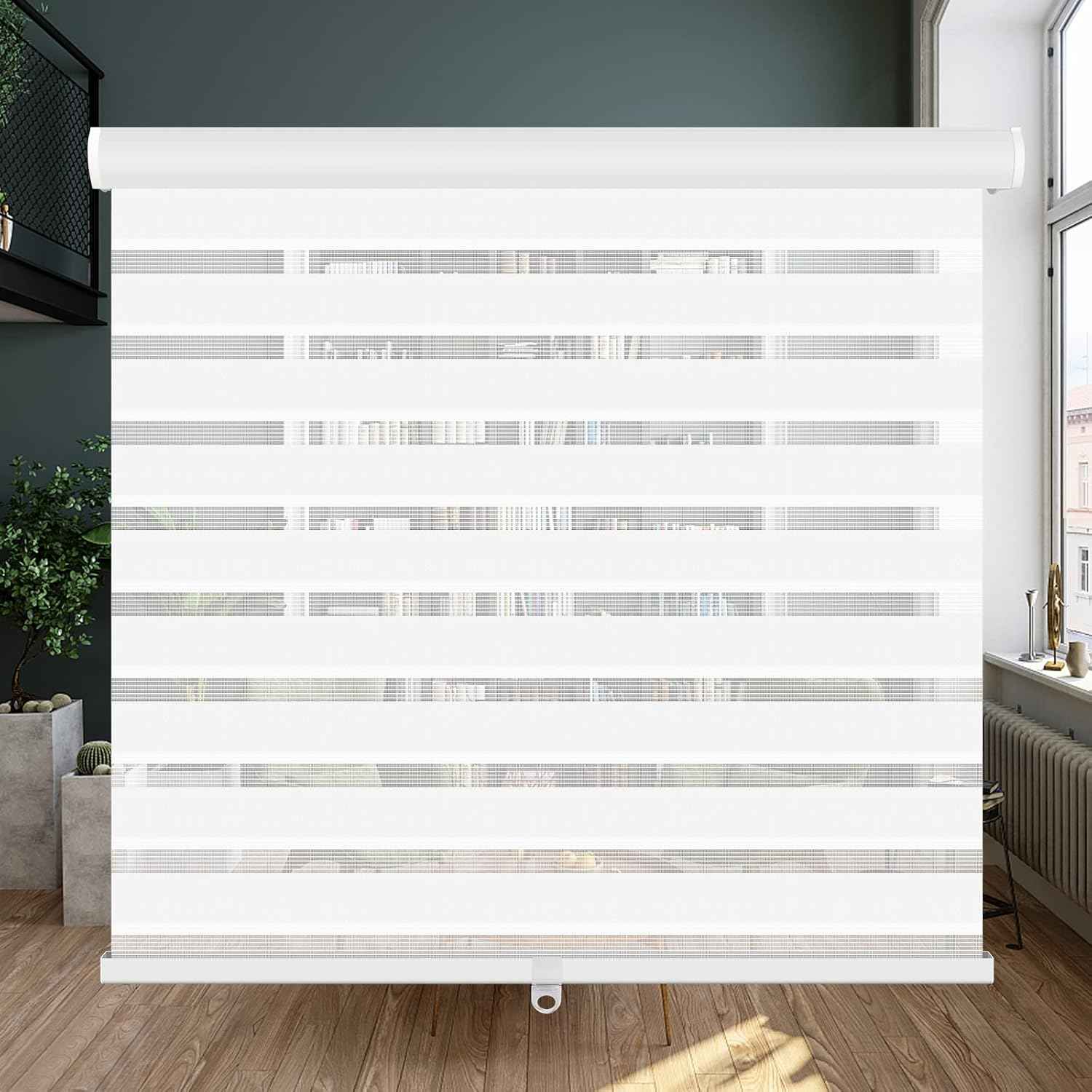 LUCKUP Cordless Zebra Blinds Roller Shades for Window-Dual Layer Sheer Blinds Light Control with Valance Day Night Privacy Light Filtering Fabric, 38" W x 72" H, White