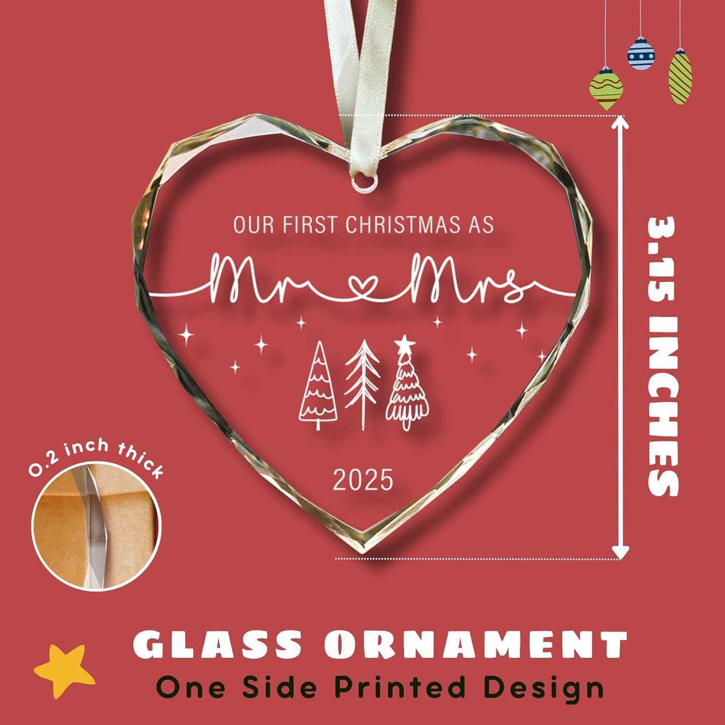 First Christmas Married Ornament 2025 - Mr and Mrs Gifts, Wedding Gifts - Wedding Gift for Couples 2025, Newlyweds, Bride - Bridal Shower Gift Ideas - Glass Christmas Hanging Ornament