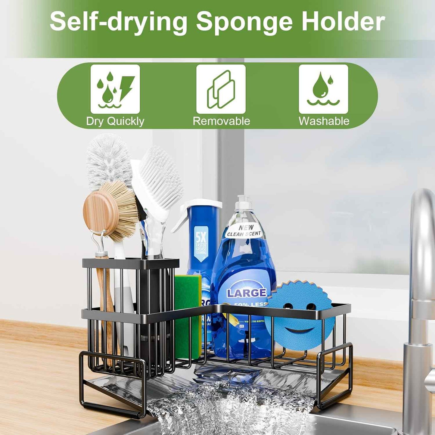 Fikoksol Large Sponge Holder for Kitchen Sink, 90-Degree Sink Caddy Organizer with Dish Brush Holder for Countertop Corner Storage Rack, Metal L-Shaped Kitchen Sink Sponge Soap Organizer Storage Ideas