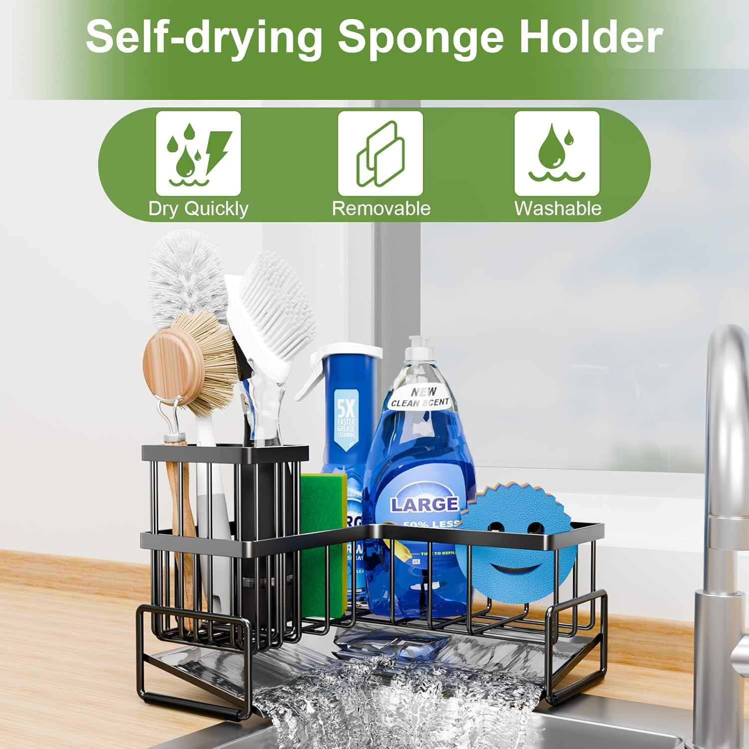 Fikoksol Large Sponge Holder for Kitchen Sink, 90-Degree Sink Caddy Organizer with Dish Brush Holder for Countertop Corner Storage Rack, Metal L-Shaped Kitchen Sink Sponge Soap Organizer Storage Ideas