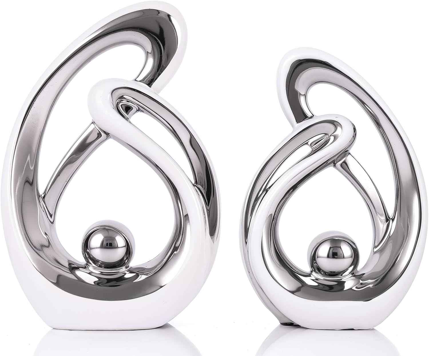 Abstract Ceramic Statue Set of 2, White and Silver Home Decor, Modern Art Living Room Decor, Room Accessories tv cabinets Bookshelves dividers Dining Table centerpieces, Foyer Entry Decor.