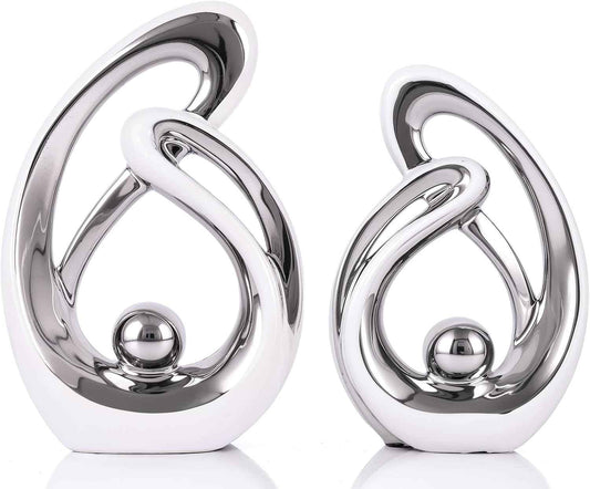 Abstract Ceramic Statue Set of 2, White and Silver Home Decor, Modern Art Living Room Decor, Room Accessories tv cabinets Bookshelves dividers Dining Table centerpieces, Foyer Entry Decor.