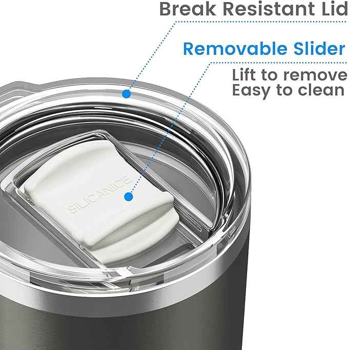 Coffee Tumbler 20 oz, Double Wall Stainless Steel Travel Coffee Mug with Removable Slider Lid, BPA Free, Car Cup Holder Compatible - Gym/Office/Travel/Home - Metal Gray