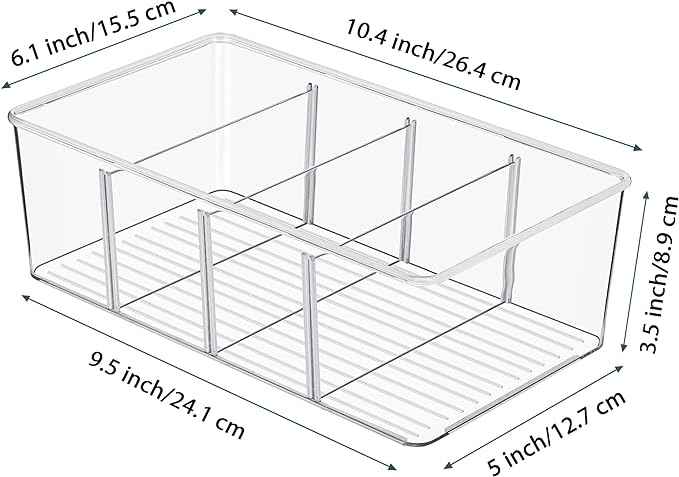 Vtopmart 6 Pack Food Storage Organizer Bins, Clear Plastic Bins for Pantry, Kitchen, Fridge, Cabinet Organization and Storage, 4 Compartment Holder Packets, Snacks, Pouches, Spice Packets