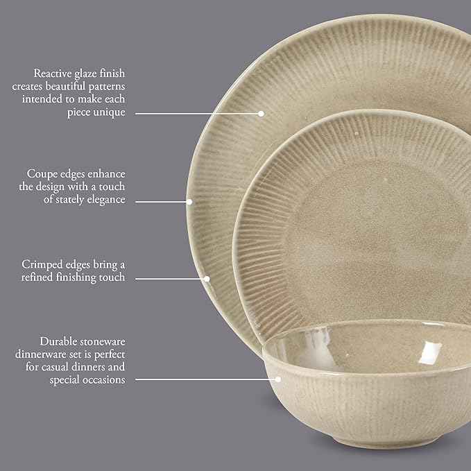 Gibson Elite Sandy Pines Stoneware Plates and Bowls Set - 12 Piece Reactive Glaze Dinnerware Set - Service for 4 - Dishwasher and Microwave Safe - Cream Taupe