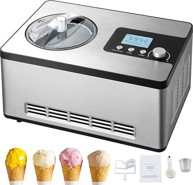 Automatic Ice Cream Maker with Built-in Compressor, 2 Quart Capacity, No Pre-freezing required - Stainless Steel Electric Sorbet Machine, 3 Modes Gelato Maker with LCD Display & Timer - Silver Finish