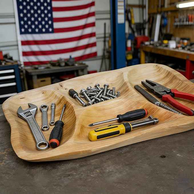 BTEOBFY Natural Wood 4-Compartment Divided Fruit Tray, Live Edge Handmade Serving Platter for Snacks, Sandwiches, Appetizers, Unique Hand-Carved Rustic Design