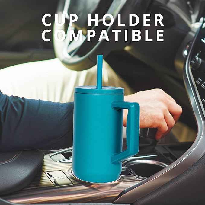 Elemental 40 oz Tumbler with Handle and Straw - Spill Proof Insulated Stainless Steel Commuter for Cold Beverages - Travel Coffee Mug with 2 Straws & Spill Proof Lid - 40oz - Teal