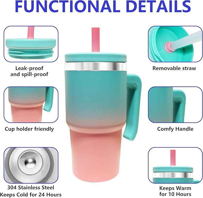 20-OZ Insulated Water Bottle,Insulated Stainless Steel Tumbler,Reusable Cold Drink Thermos,BPA-Free, Double-Wall Stainless Steel Water Bottle (Pink Blue Gradient, 20, Fluid Ounces)
