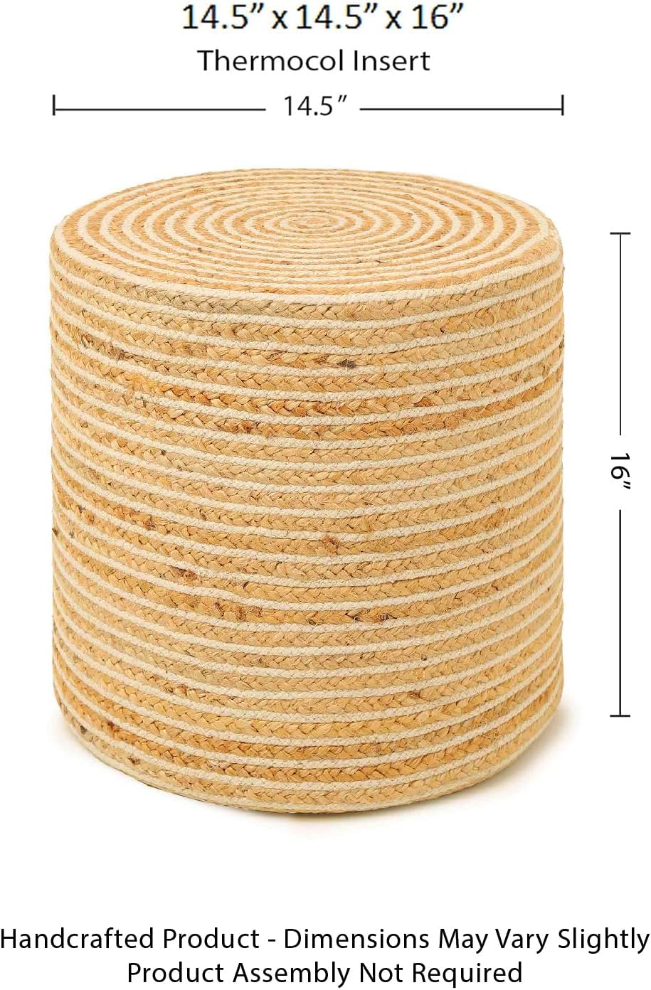 REDEARTH · Cylindrical Pouf Foot Stool Ottoman - Jute Braided Pouffe Poof Sitting Footrest for The Living Room, Bedroom, Nursery, Patio, Lounge & Other Rooms in Home (14.5”x14.5”x16”; Natural Ivory)