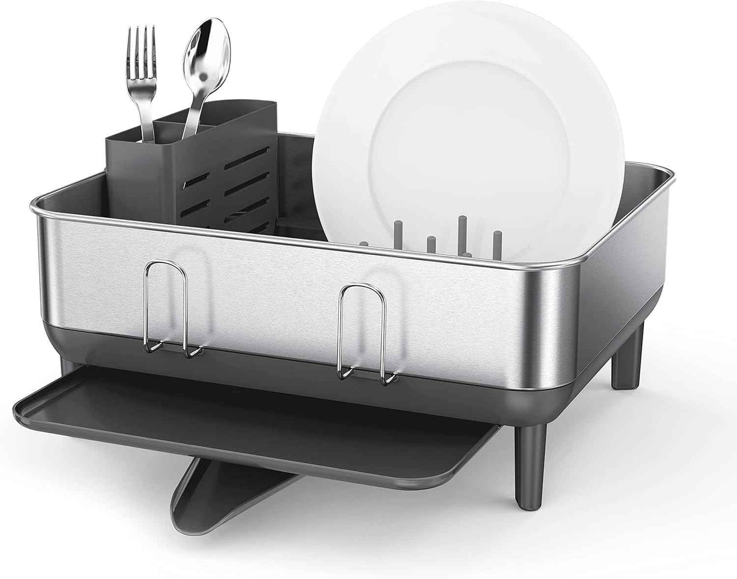 simplehuman Steel Frame Dishrack, Compact Dish Drying Rack for Small Kitchens, 360º Easy Drain Swivel Spout, Anti-Residue Coating, Moisture Control Surface, Brushed Stainless Steel