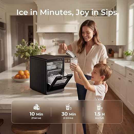 Nugget Ice Maker Countertop: 44lb/Day, Self-Cleaning, Black Stainless Steel, Portable, Soft Chewable Pebble Ice Machine for Home Kitchen, RV & Office
