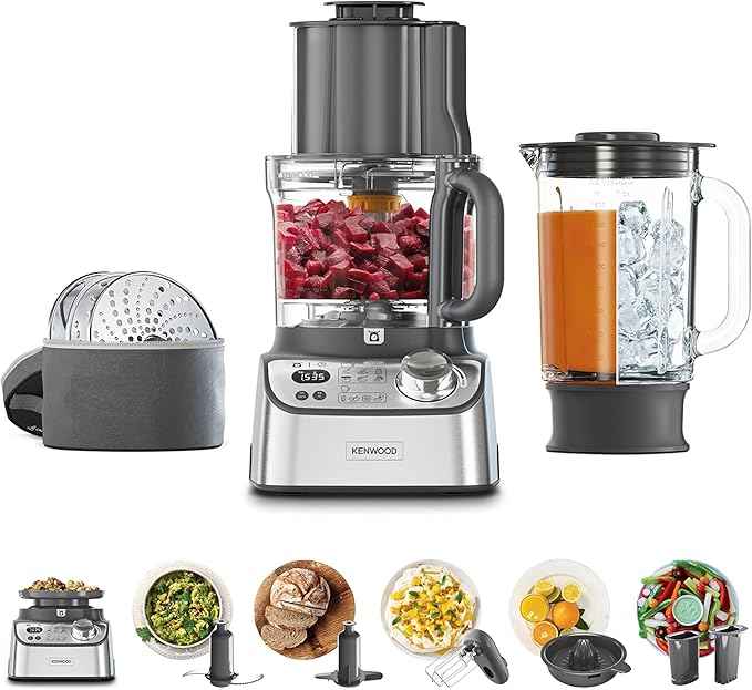 Kenwood MultiPro XL Weigh+ FDM72.990SS Compact Food Processor with Integrated Scale and Timer, 3 Litre Working Container, Variable Speed, XL Filling Tray, 1000 W, Silver