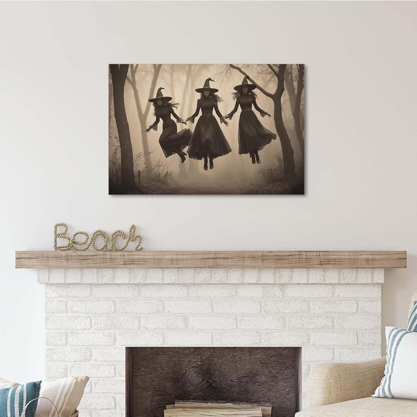 JFHCQJPK Three ghost witches flying in vintage forest gothic wall art witchcraft decoration holiday gift canvas wall art print24x36in Frameless