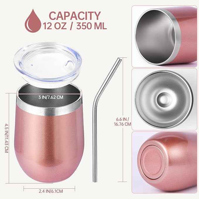 Volhoply 12oz Stainless Steel Wine Tumbler with Lid and Straw,Double Wall Vacuum Insulated Stemless Wine Glasses,Reusable Travel Coffe Mug for Cold Drinks,Tumblers Gifts for Women Men（Rose Gold,1 Set）