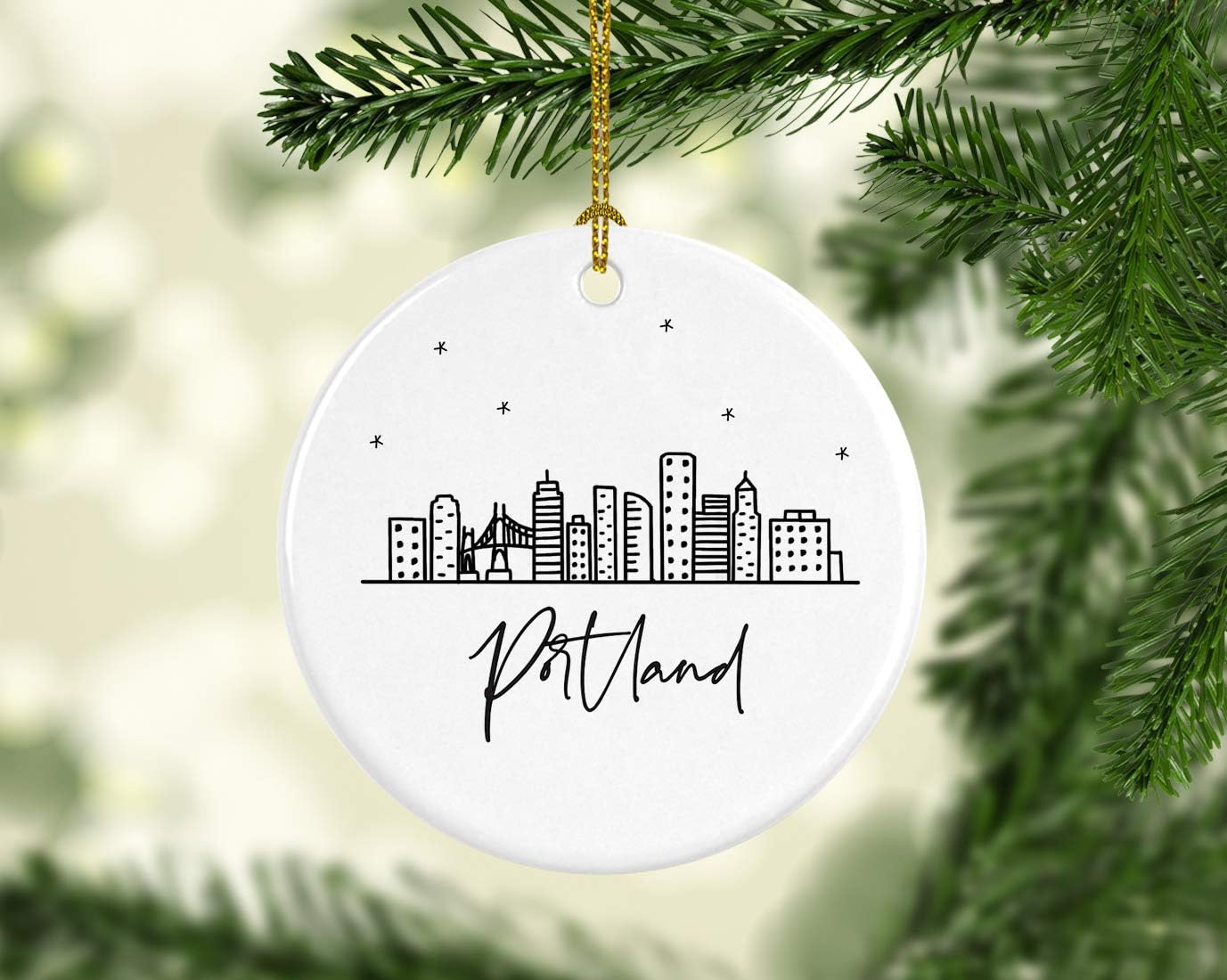 Andaz Press Round Ceramic Porcelain Christmas Tree Ornament Keepsake, Portland Black and White Stars City Skyline Graphic, 1-Pack, Birthday Gift Idea for Family, Coworker Him Her, Includes Gift Box