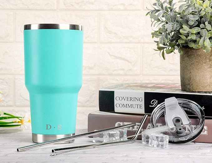 D·S 30oz Mint Tumbler Stainless Steel Double Wall Vacuum Insulated Mug with Straw and Lid, Cleaning Brush for Cold and Hot Beverages