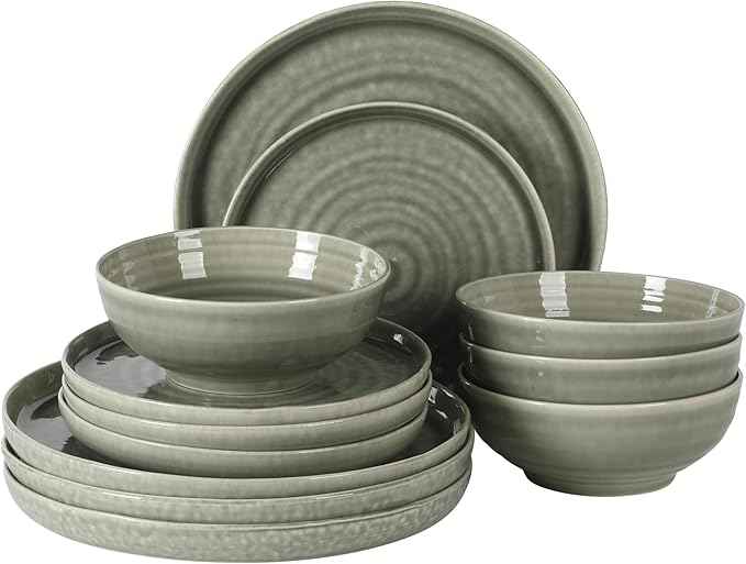 Gibson Elite Eclipse Swirls Plates and Bowls Sets, 12-Piece Stoneware Dinnerware Sets, Reactive Glaze Dish Set - Green