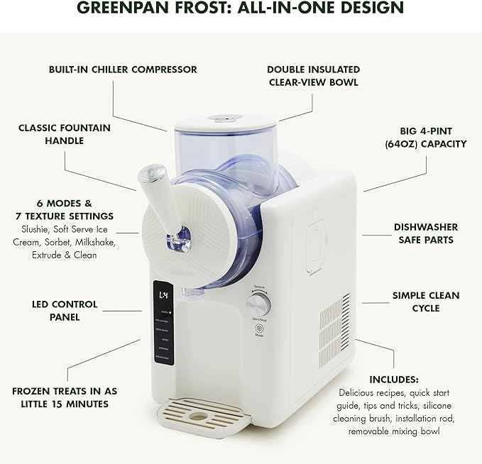 GreenPan Frost Ice Cream Maker & Slushie Machine, Mixing Bowl included, Soft Serve, Sorbet, Margaritas, Milkshakes, Frozen Yogurt, No Pre-Freezing, Ready in 15 Mins, 6 Modes, Self-Cleaning, Cream