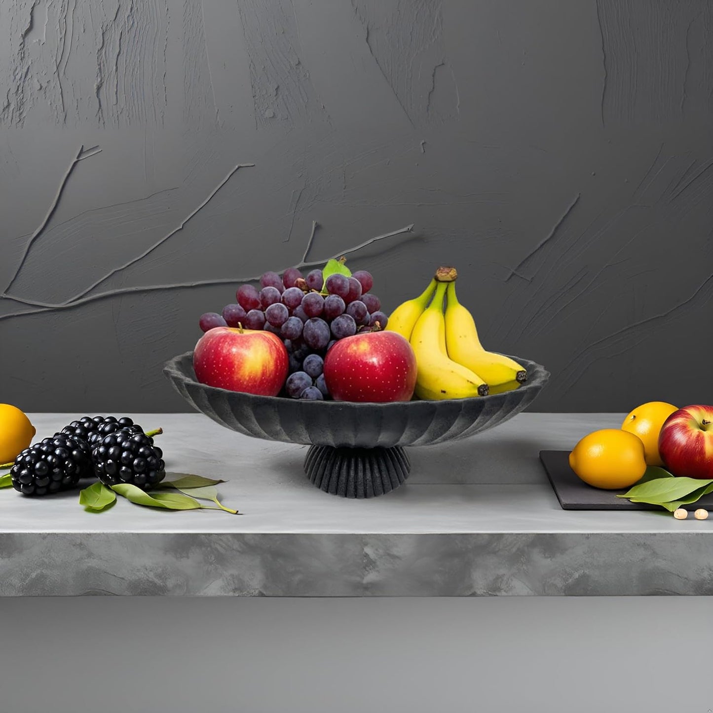 14.5" Large Decorative Long Bowl - Black Fluted Scalloped Decorative Bowls for Home Decor - Ruffle Decor,Stylish Key Bowl for Entry Table,Decorative Fruit Bowls for Kitchen Counter