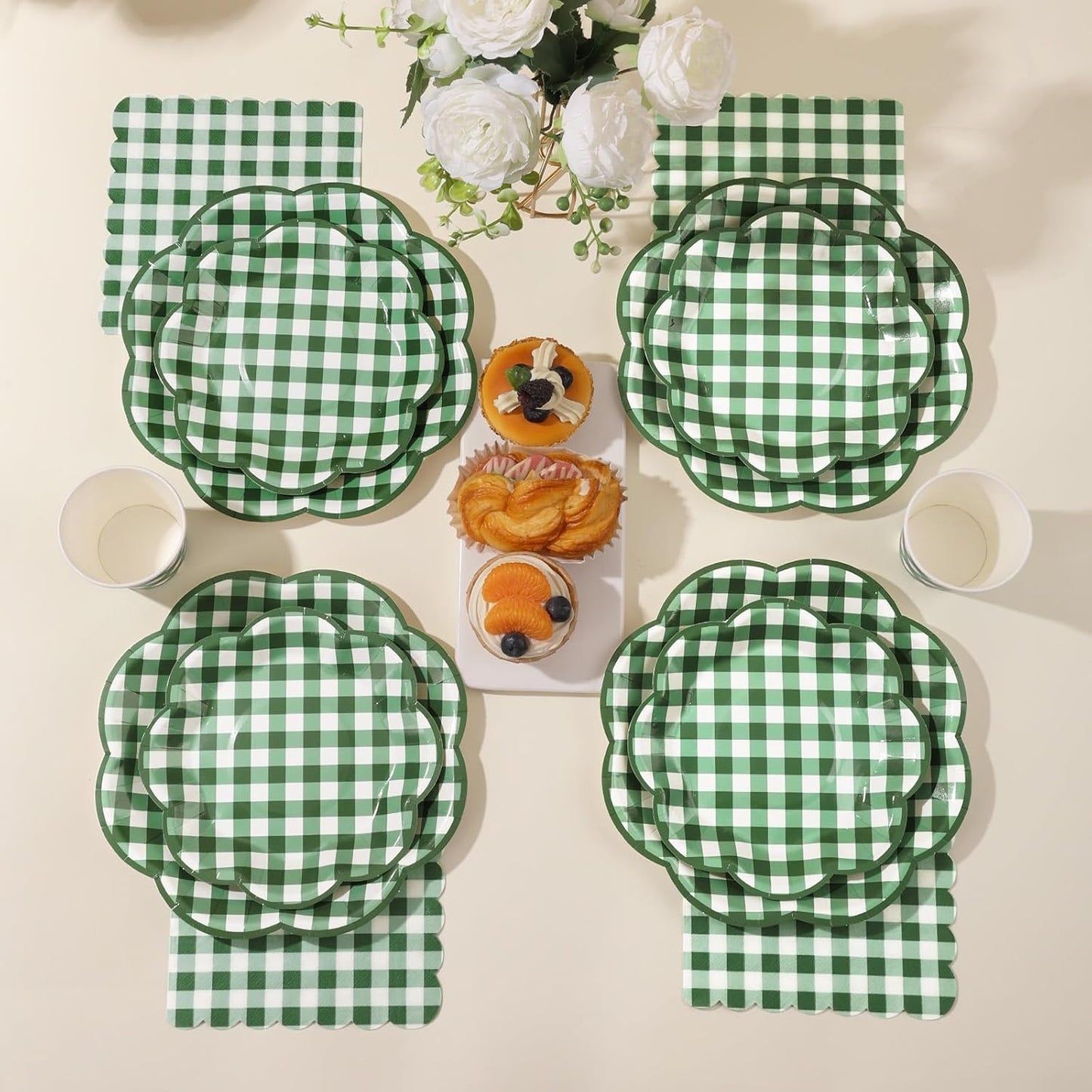 350 Pcs Green Gingham Plates and Napkins Party Supplies - Green and White Checkered Plates Sets Serve 50 Guests - Scalloped Gingham Paper Plate for Birthday Picnic BBQ Golf Party Decorations