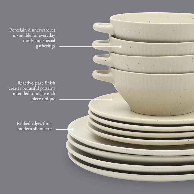 Gibson Elite Clover Hill 12-Piece Stoneware Dinnerware Set – White Cream Embossed Plates and Bowls with Matte Speckled Reactive Glaze, Service for 4 – Microwave & Dishwasher Safe