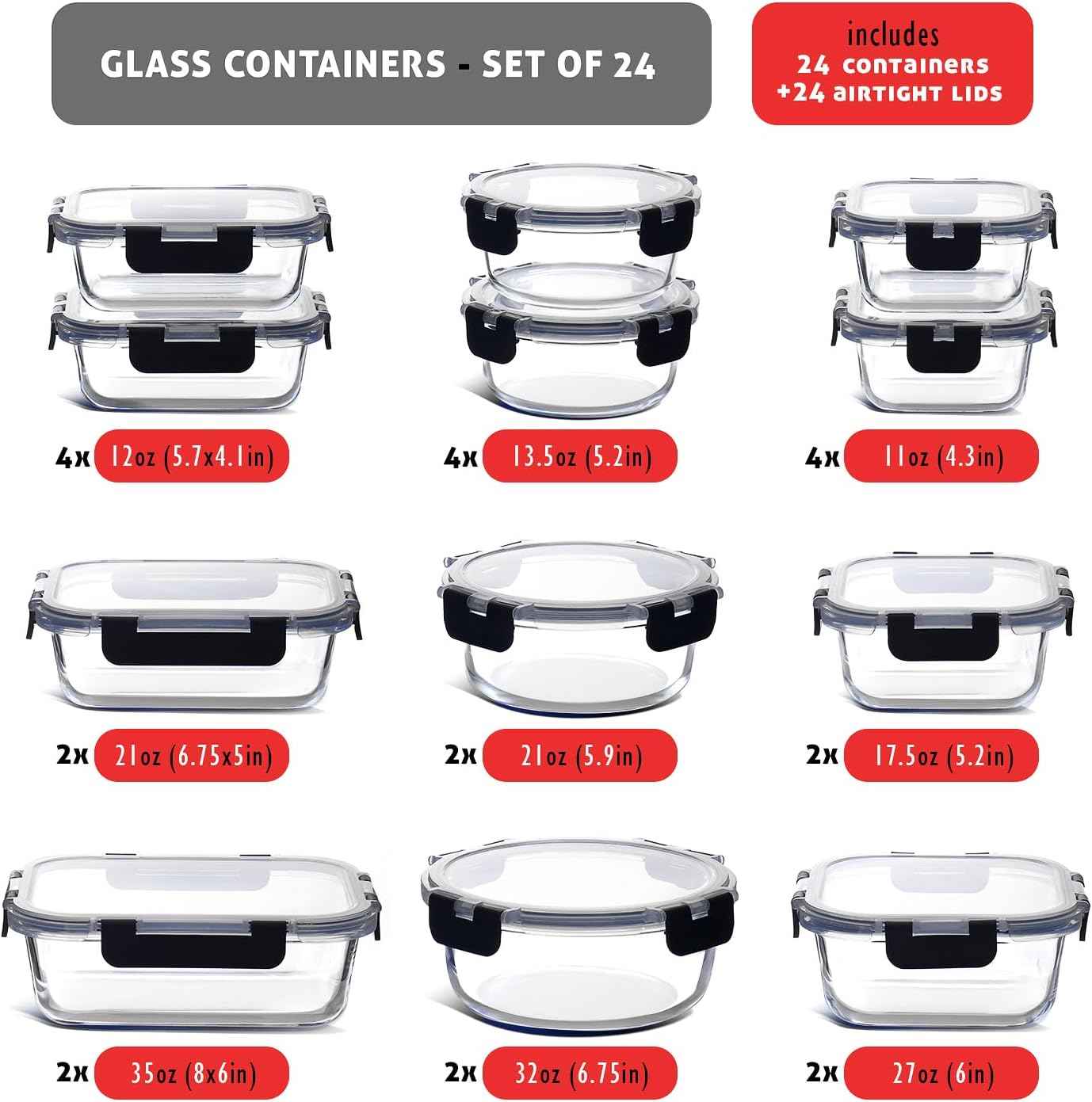 EATEX 48pc Glass Storage Containers with Lids, 24 Set Glass Food Storage Containers with 24 Airtight Lids, Pantry Kitchen Meal Prep Containers for Lunch, Freezer Storage Containers, Dishwasher Safe