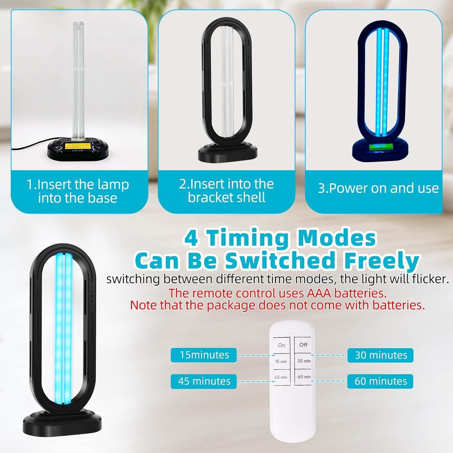 Feefir UV Light Sanitizer,4-Speed Timing and Remote Control UVC Home Disinfection Device,Ultraviolet Light Sanitizer for Dust Mites,UV Lamp for Whole Room,Black