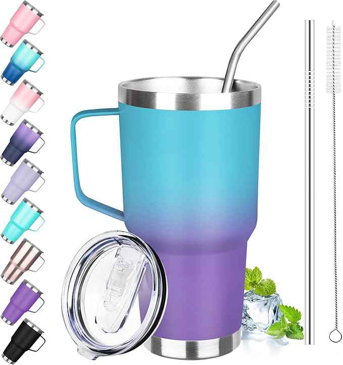 30 oz Stainless Steel Tumbler with Handle, Double Wall Vacuum Insulated Coffee Mug Tumbler with Lid and Straw, Thermal Cup for Cold and Hot (Blue Purple)