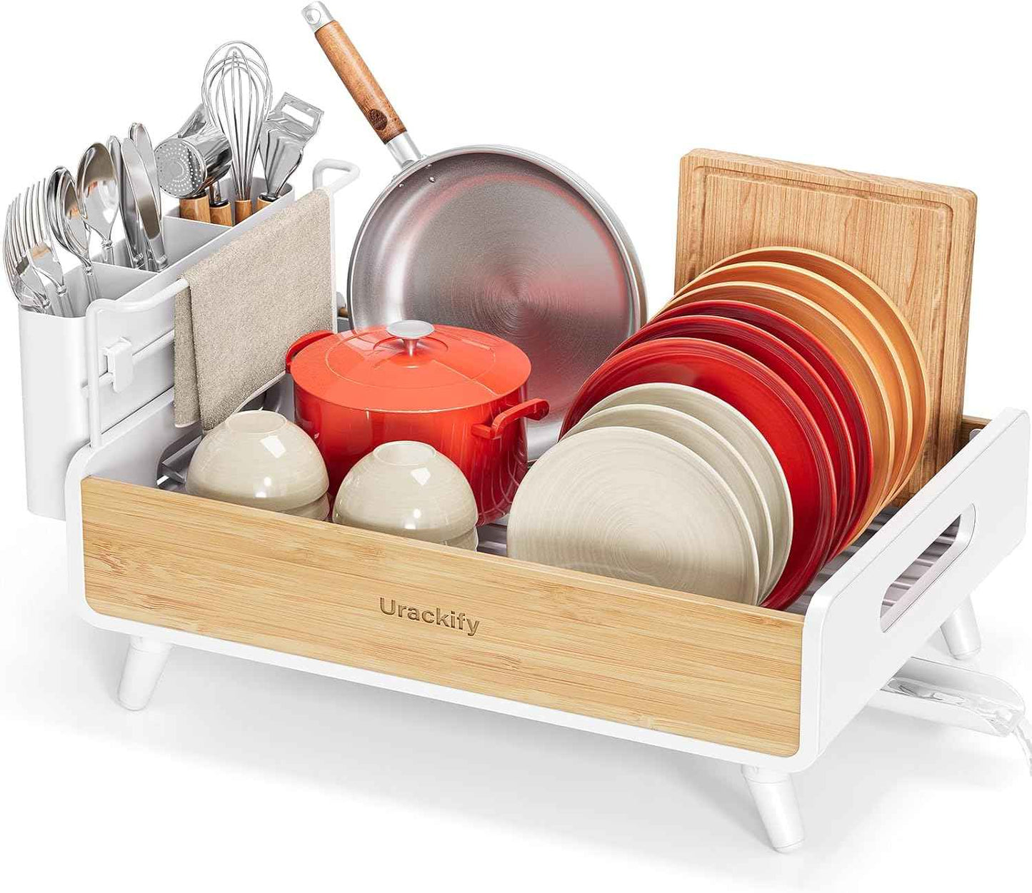 Urackify Dish Drying Rack for Kitchen Counter - Stainless Steel & Bamboo Dish Rack with Large Removable Utensil Holder, Dish Drainer with Adjustable Automatic Spout, White