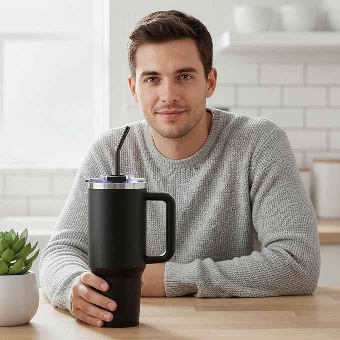 COKTIK 40 oz Tumbler With Handle and Straw, Insulated Tumbler With Leakproof Lids, Stainless Steel|BPA-Free, Cold for 24 H (Black)