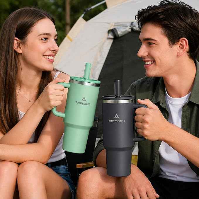 40oz Stainless Steel Vacuum Insulated Tumbler with Handle and Straw, Large Capacity Insulated Cup (Gray)