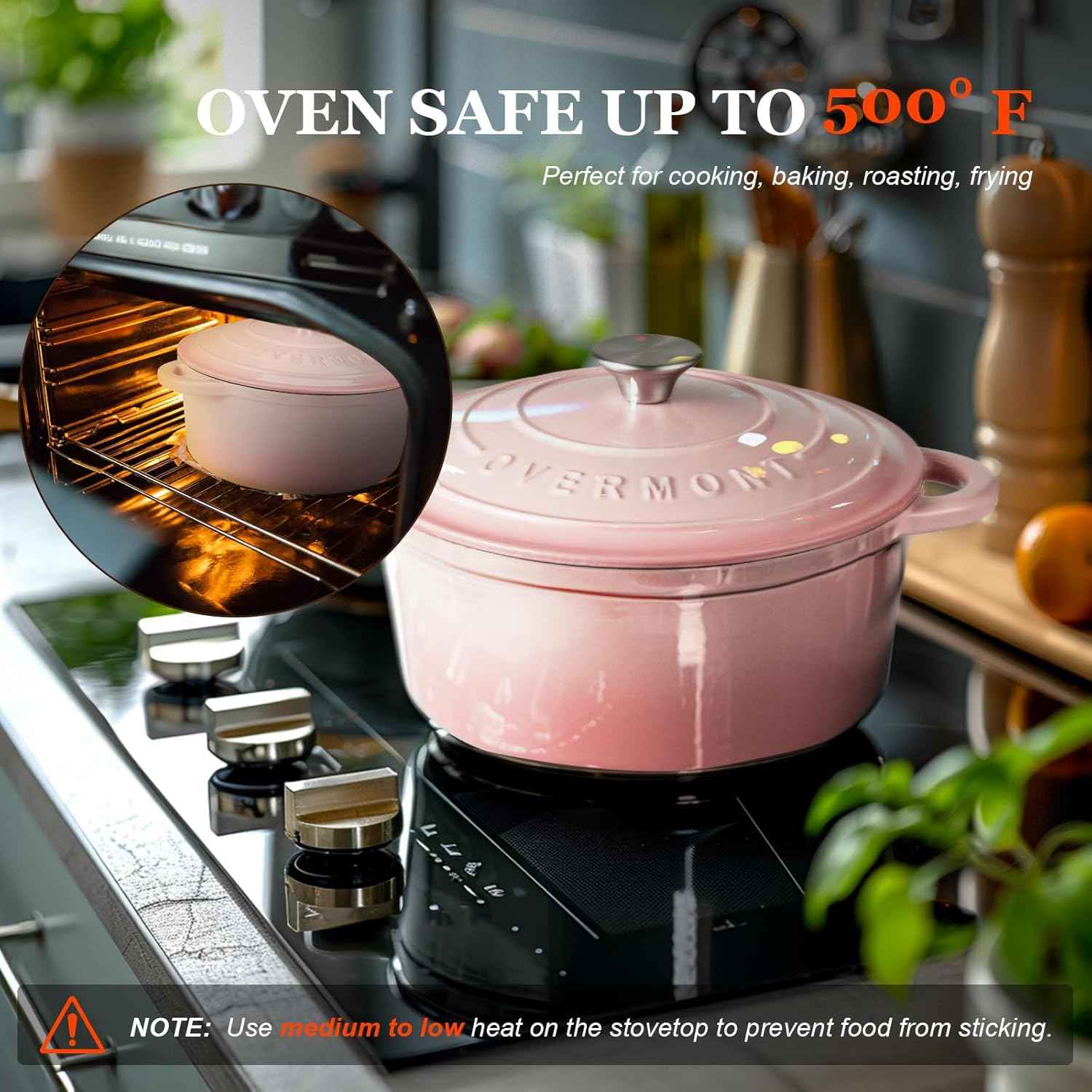 Overmont Enameled Cast Iron Dutch Oven - 5.5QT Pot with Lid Cookbook & Cotton Potholders - Heavy-Duty Cookware for Braising, Stews, Roasting, Sourdough Baking pink