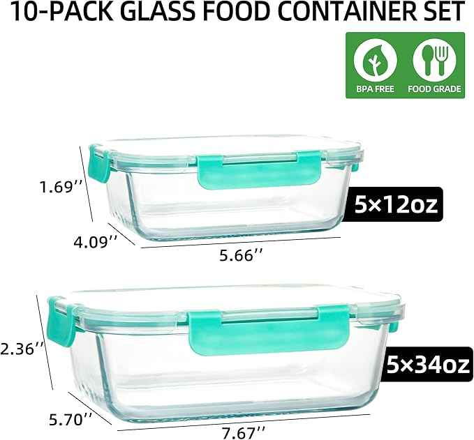 UMEIED 10 PACK Glass Food Storage Containers with Leak Proof Lids, Glass Airtight Meal Prep Containers Set for Lunch, On the Go, Leftover, Kitchen Pantry Organizers and Storage (Mint Green)