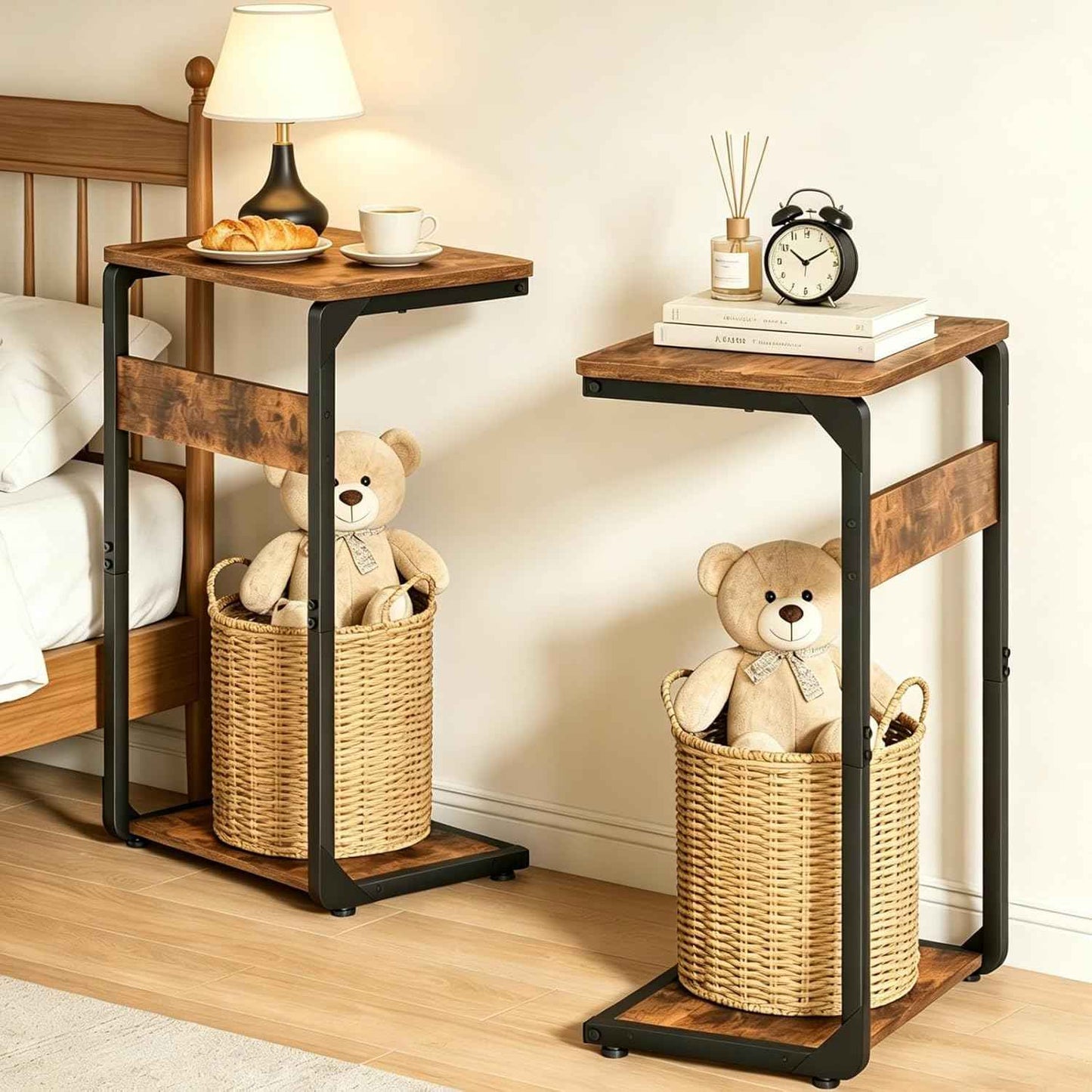 Wood Pedestal Sofa Side Tables Set of 2 Small Nightstand C Shaped End Table TV Trays on Couch Stands TV Tray Tables Slide Under Night Stand Over Bed Living Room Bedroom Bedside Rustic Brown ET-YB-BRW2
