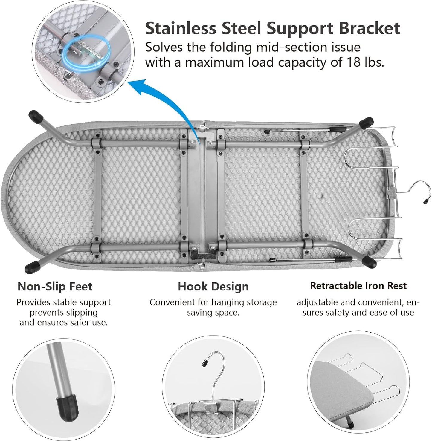 Metal Tabletop Ironing Board with Iron Rest, Portable Ironing Board Small with Heat Resistant Cotton Cover, Mini Iron Board for Small Space and Travel, 32 x 12 Inch (Gray)