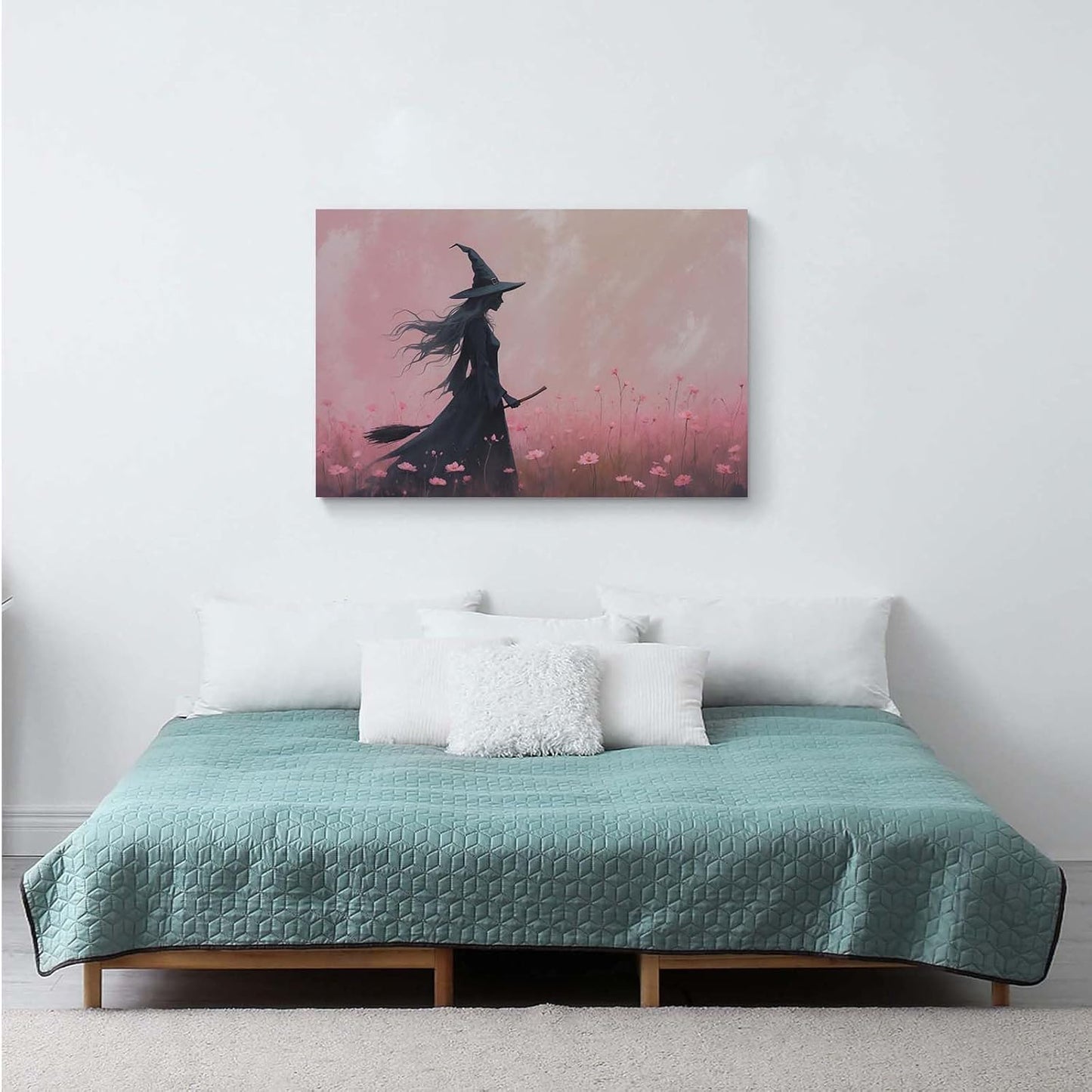 JFHCQJPK Witch in the pink sea of flowers Halloween prints weird flowers wall art silhouette painting fashionable romantic decoration suitable for bedroom20x30in Frameless