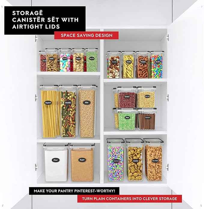DWËLLZA KITCHEN Airtight Food Storage Container Set - 8 Pieces 1.4L - Plastic BPA Free Kitchen Pantry Storage Containers with Lids - Dishwasher Safe - Include 8 Labels - Keeps Food Fresh & Dry