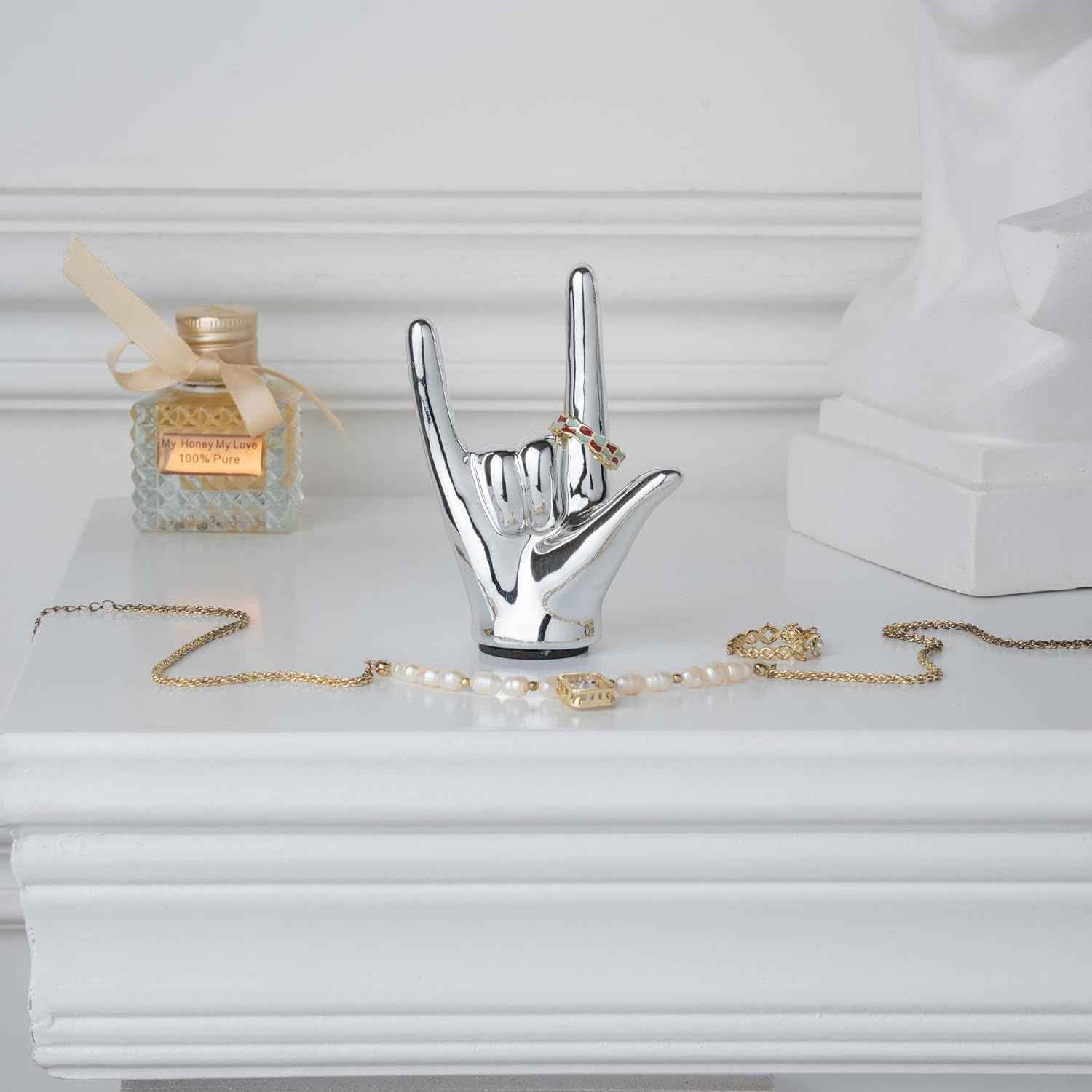Tiny I Love You Hand Statue Gold Decor, Tiny Rock and Roll Hand Sign Desk Statue, Gold Gesture Statues and Sculptures, Ceramic Gesture Hand Sculpture Finger Statues Classic Home Decor (Silver)