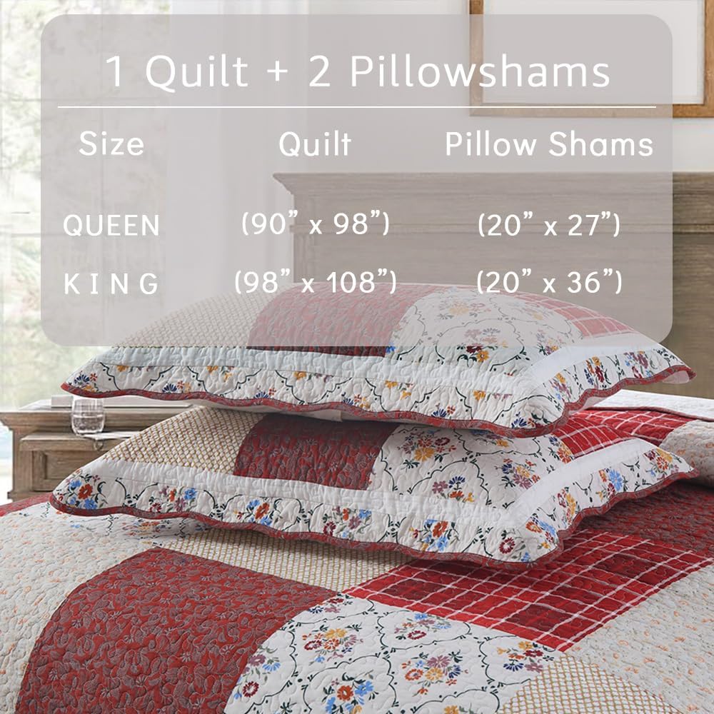 Cotton Bedspread Quilt Bedding Sets 3 Pieces Reversible Coverlet Sets Comforters Vintage Red White Rose Floral Patchwork Bedspread, King Size