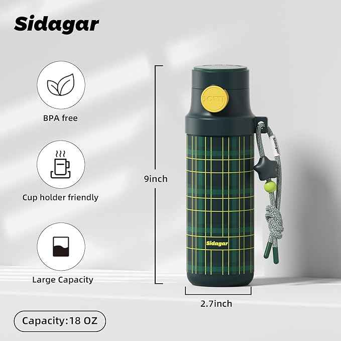 18 oz Insulated Water Bottle, Stainless Steel Travel Mug with Lid, Double Wall Vacuum Sports Water Bottle, BPA Free, Leak-Proof, Fits in Car Cup Holder, Great for Men Kid School, Green