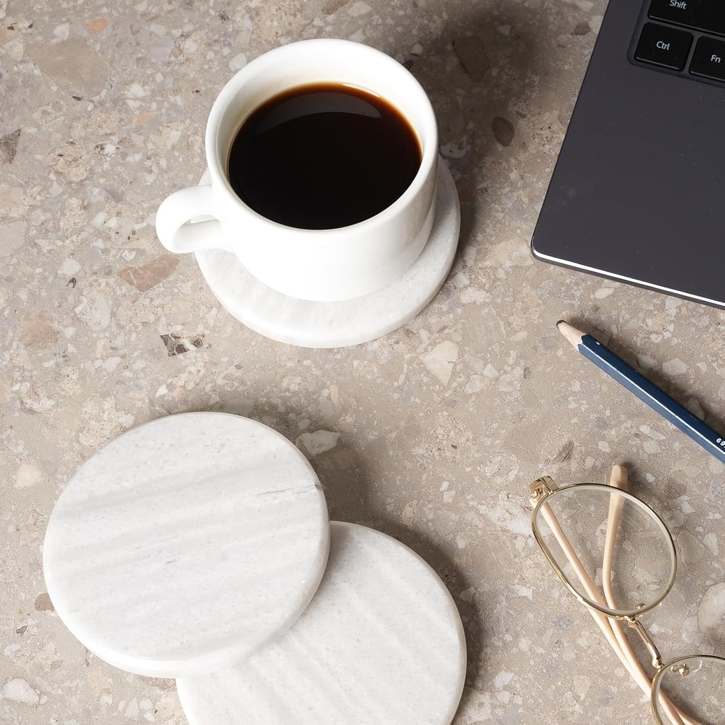 BCS Premium Marble Coasters Set of 6 with Holder - White Stone Drink Coasters for Coffee Table, Durable Cup Mats for Beer, Wine, Beverages - Elegant Home & Office Decor Present