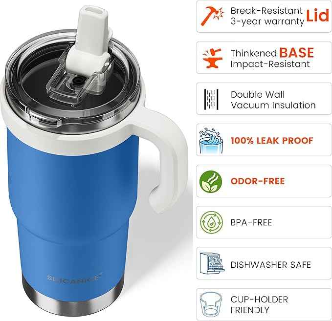 24oz Hygienic Insulated Tumbler with Handle —100% Leakproof Lid with Removable Spout & Straw, Reinforced Vacuum-Protection Base, Cup Holder Friendly, for Travel,Office & School-Blue