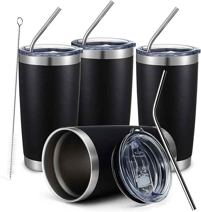 COMOOO 20oz Black Tumbler 4 Pack Stainless Steel Insulated Travel Mug with Lid and Straw Vacuum Double Wall Coffee Cup for Hot Beverage and Cold Drinks(Black, 4 Pack)
