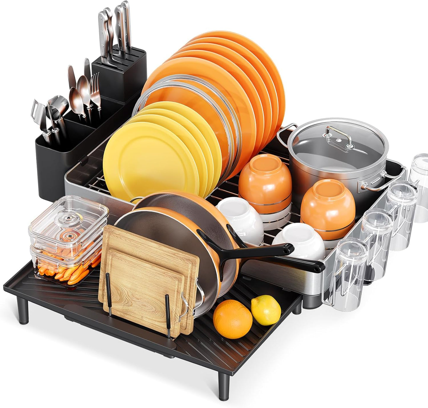 Urackify Dish Rack for Kitchen Counter, 304 Stainless Steel Dish Drying Rack, Expandable Dish Drainer, Foldable Dish Strainer with Cutlery Holder, Kitchen Plate Rack (Black, Large Size)